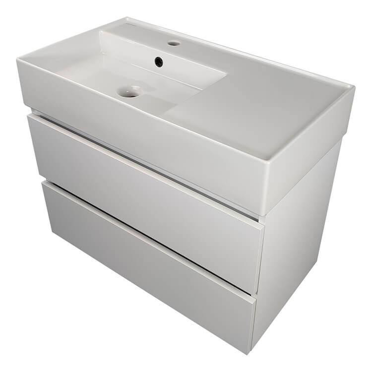 Glossy White Wall-Mounted Single Basin Vanity with Ceramic Sink