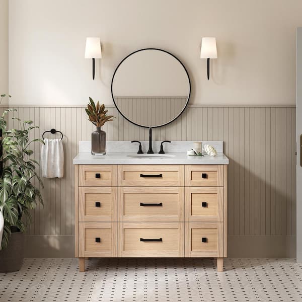 ARIEL Monroe 49 in. W x 22 in. D x 36 in. H Single Sink Bath Vanity in Oak with Italian Carrara Marble Top