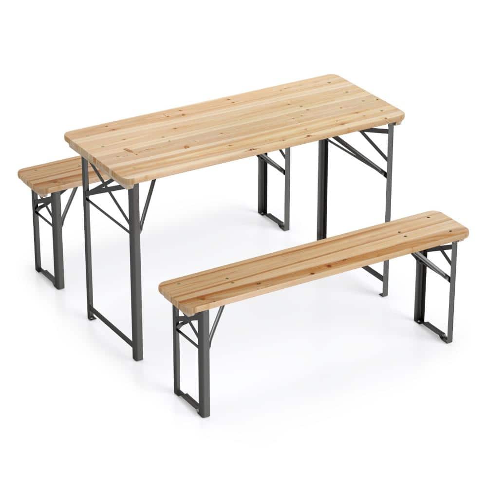 3-Piece Fir Wood Folding Picnic Table and Bench Set with Metal Frame, Natural and Black