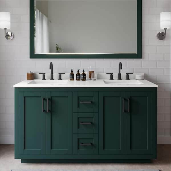Wyndham Collection Miranda 60 in. W x 22 in. D x 33.75 in. H Double Bath Vanity in Green with White Quartz Top and 58 in. Mirror