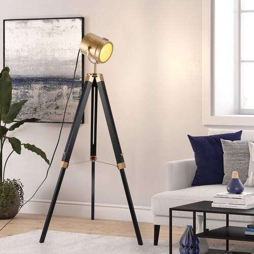 55 1-Light Black Adjustable Height Tripod Floor Lamp for