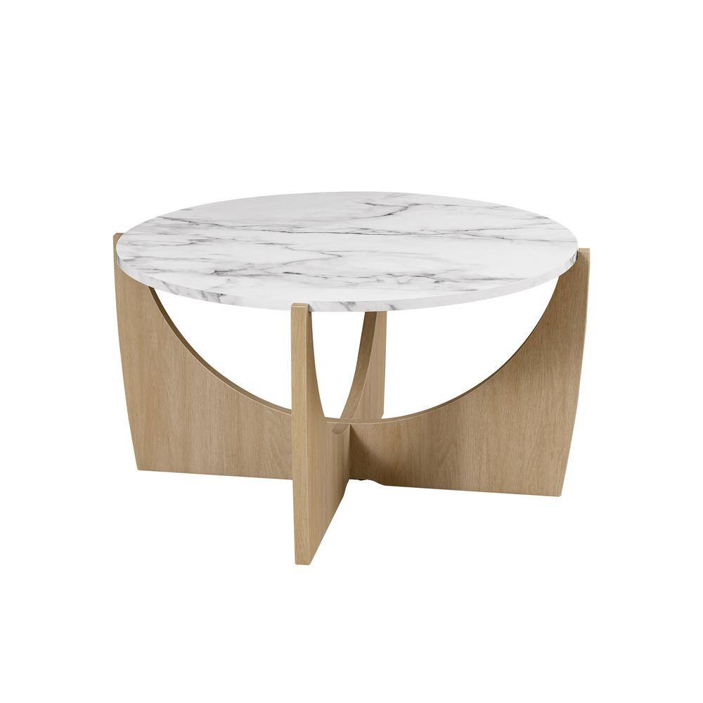 Calacatta Marble and Coastal Oak Round Coffee Table, 35 Inch