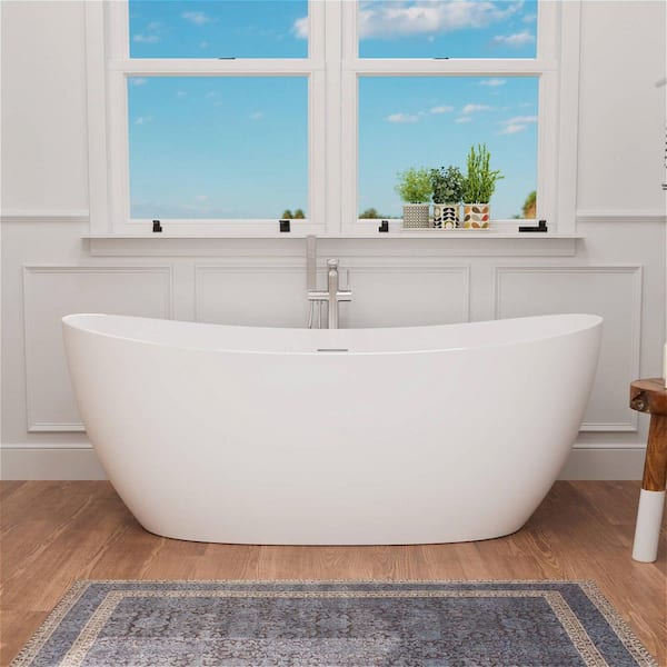 63 in. x 29.92 in. Solid Surface Freestanding Double Slipper Soaking Bathtub with Center Drain in Matte White