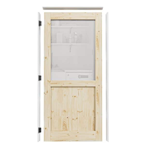 36 in. x 80 in. 1/2Lite Frosted Glass Right Unfinished Solid Core Pine Wood Interior Door Kit w/ Quick Assemble Jamb