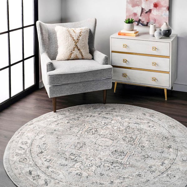 Essa Vintage 6 ft. x 6 ft. Light Gray Round Area Rug