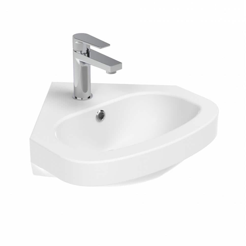 Glossy White Ceramic Wall-Mount Corner Vessel Sink