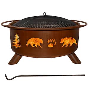 Bear and Trees 29 in. x 18 in. Round Steel Wood Burning Fire Pit in Rust with Grill Poker Spark Screen and Cover