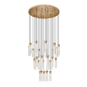 Beau 27-Light Rubbed Brass Shaded Round Chandelier with Clear Glass Shade with No Bulbs Included