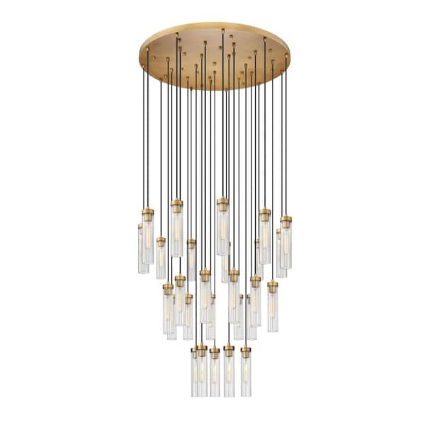 Unbranded Beau 27-Light Rubbed Brass Shaded Round Chandelier with Clear Glass Shade with No Bulbs Included
