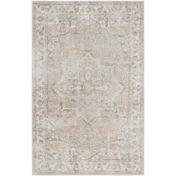 Nourison Astra Machine Washable Beige 4 ft. x 6 ft. Distressed Traditional Area Rug