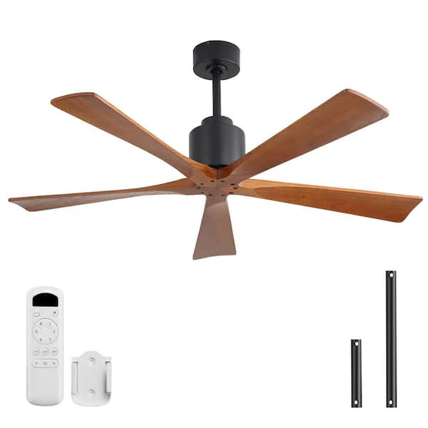52 in. Indoor/Outdoor Standard Flush and Downrod Mount Solid Wood Black Ceiling Fan without Light and Remote Control