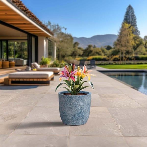 17 in. Large Weathered Blue (Enhanced Interior) Concrete Round Planter / Pot with Drainage Holes