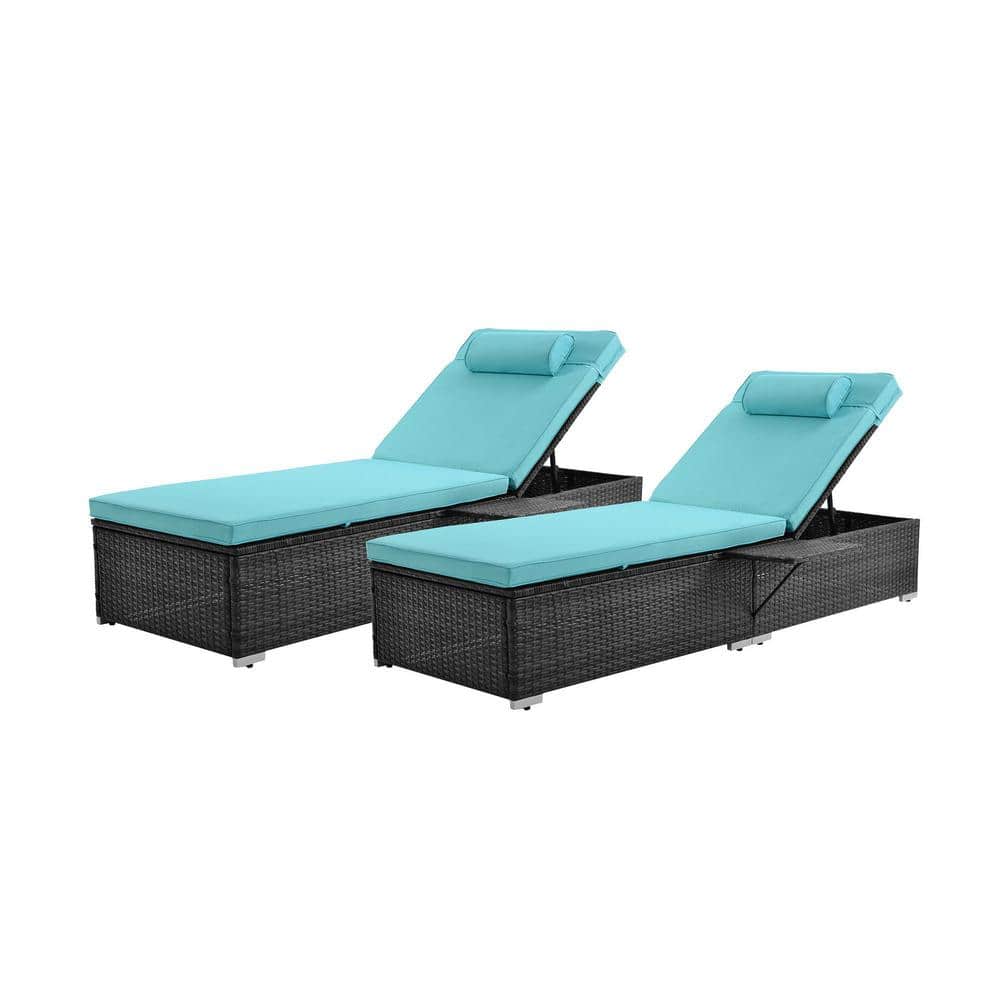 2-Piece Wicker Outdoor Chaise Lounge Patio Recliner Chair with Blue Cushion