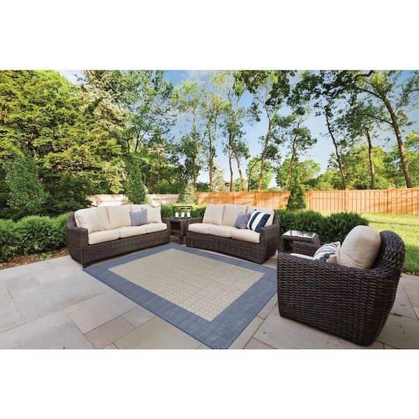 Recife Checkered Field Ivory-Blue 6 ft. x 9 ft. Solid Indoor/Outdoor Area Rug