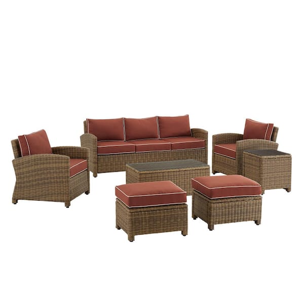CROSLEY FURNITURE Bradenton Weathered Brown 7-Piece Wicker Patio Conversation Set with Sangria Cushions