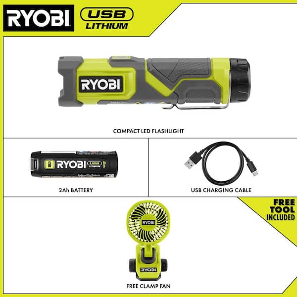 USB Lithium Cordless Compact LED 3-Mode Flashlight Kit with 2.0 Ah Battery with USB Lithium Cordless Clamp Fan