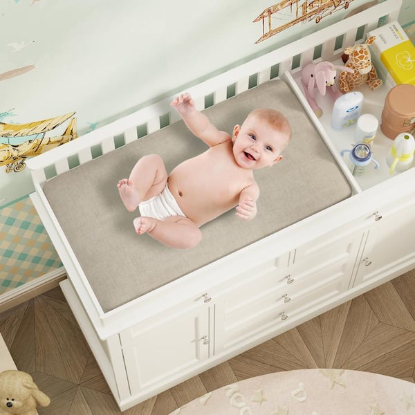 FUFU&GAGA Cream White Wooden Changing Table, Chest of Drawers, Dresser with 3-Drawers and 4-Shelves Without Pad