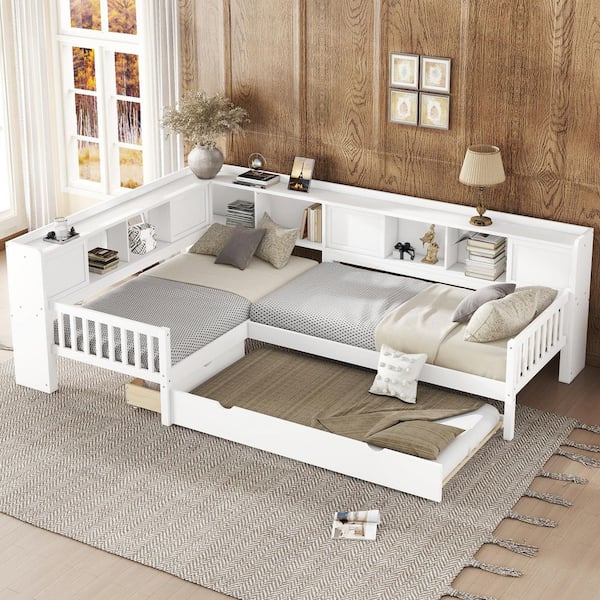 Raviel Modern White Wood Frame Twin Size L-Shaped Platform Bed with Trundle, Storage Drawer and Shelves