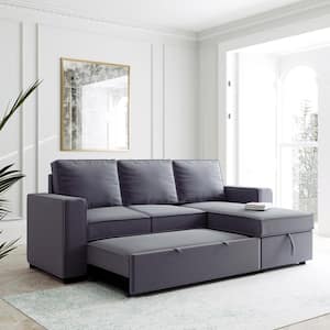 91 in. W Gray Polyester Full Size Sofa Bed,Reversible Pull out Sleeper Sectional Storage Chaise Left/Right Handed Chaise
