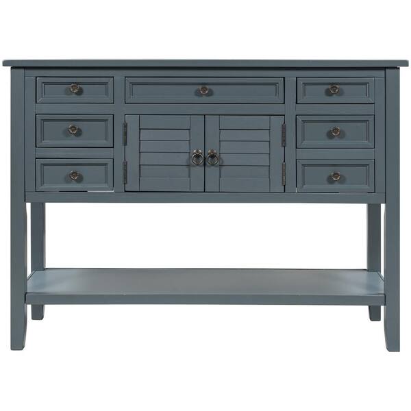 URTR 45 in. Blue Rectangle Wood Console Table with 7-Drawers Buffet Table with Cabinet and Bottom Shelf for Living Room