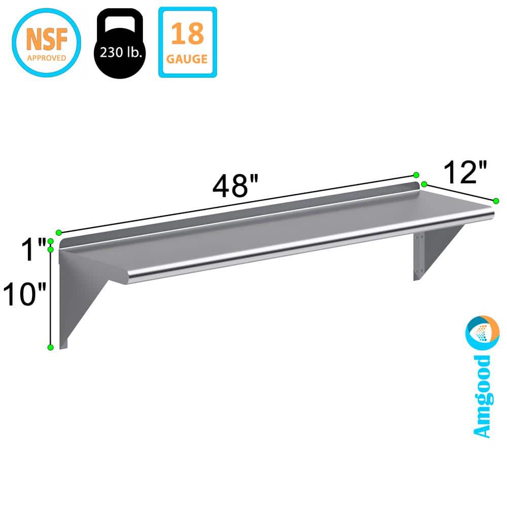 48" Long Stainless Steel Wall Shelf with Brackets