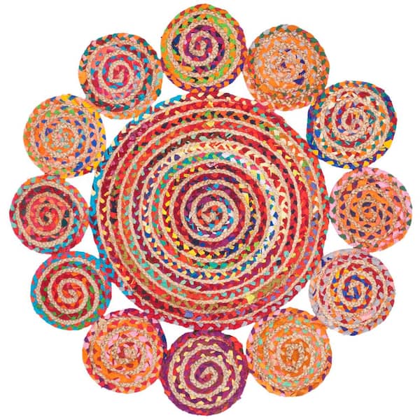 SAFAVIEH Cape Cod Red/Multi Doormat 3 ft. x 3 ft. Striped Circles Geometric Round Area Rug