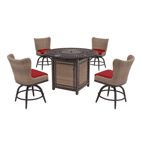 Home Decorators Collection Hazelhurst 5-Piece Brown Wicker Outdoor Patio High Dining Fire Pit Seating Set with CushionGuard Chili Red Cushions