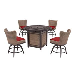 Hazelhurst 5-Piece Brown Wicker Outdoor Patio High Dining Fire Pit Seating Set with CushionGuard Chili Red Cushions