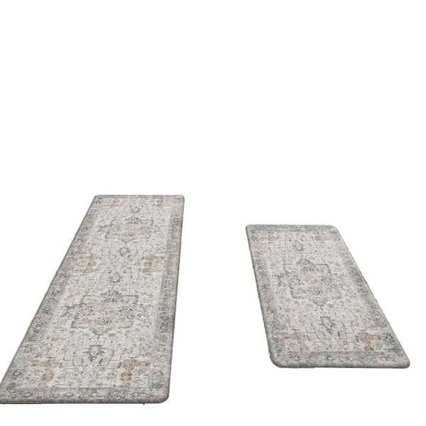 Light Taupe Brown 17.3 in. x 47 in. and 17.3 in. x 30 in. Memory Foam Checkered Indoor Kitchen Mats 2-Piece Set