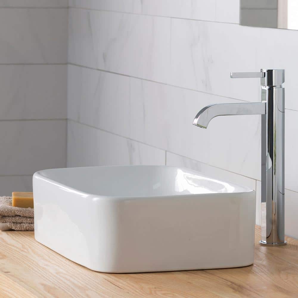 White Ceramic Rectangular Vessel Sink with Chrome Faucet