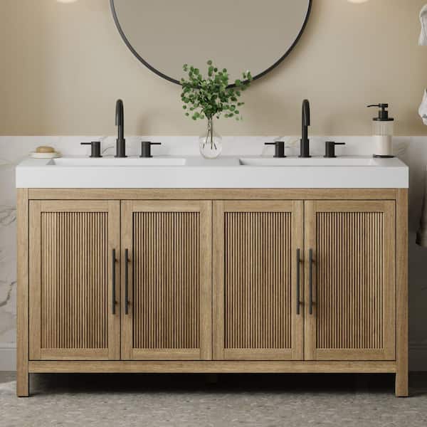 Cargrove 60 in. Double Sink Oak Bath Vanity with White Resin Composite Top (Assembled)