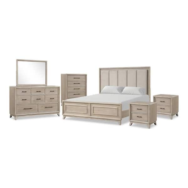Liston 6-Piece Oak Wood Frame King Panel Bedroom Set with Channel Padded Headboard, Metal Handle, Angled Bracketed Feet