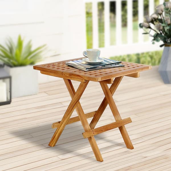 Teak 20in. Square Wood Folding Outdoor Side Table, Portable Coffee