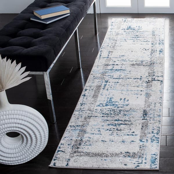 Amelia Gray/Blue 2 ft. x 8 ft. Damask Distressed Runner Rug