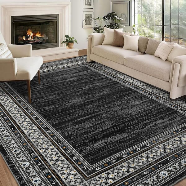 Black 5 ft. x 7 ft. Washable Bordered Area Rug, Low‑Pile Non‑Slip Stain‑Resistant Carpet for Living Room, Bedroom