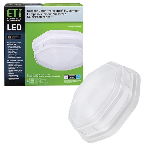 ETI LIGHTING 11 in. Octagon White Indoor Outdoor Ceiling LED Light 3 Color Temperature Options Wet Rated 830 Lumens Front Side Porch