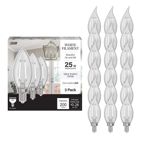 25-Watt Equivalent B10 E12 Candelabra Dim White Filament Clear Blunt Tip Candle LED Light Bulb,True White 3500K(18-Pack)