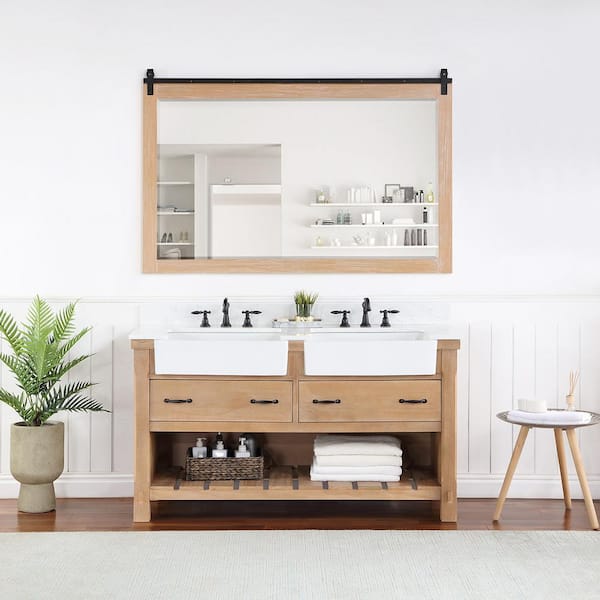 ROSWELL Villareal 60 in. W x 22 in. D x 34 in . H Double Farmhouse Bath Vanity in Weathered Pine with Composite Stone Top