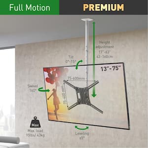 Barkan 13 in. - 75 in. Full Motion - 3 Movement Flat/Curved Long TV Ceiling Mount White and Black Telescopic Adjustment