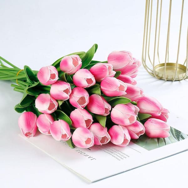 13 in. Pink Indoor Artificial Tulip Flower, Rose Pink, 30-Pieces