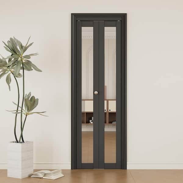 28 in. x 80 in. 1-Lite Mirrored Glass and Solid Core Black Finished MDF Interior Closet Bi-Fold Door with Hardware