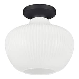 Pompton 12 in. 1-Light Matte Black Semi-Flush Mount Ceiling Light Fixture with White Ribbed Glass