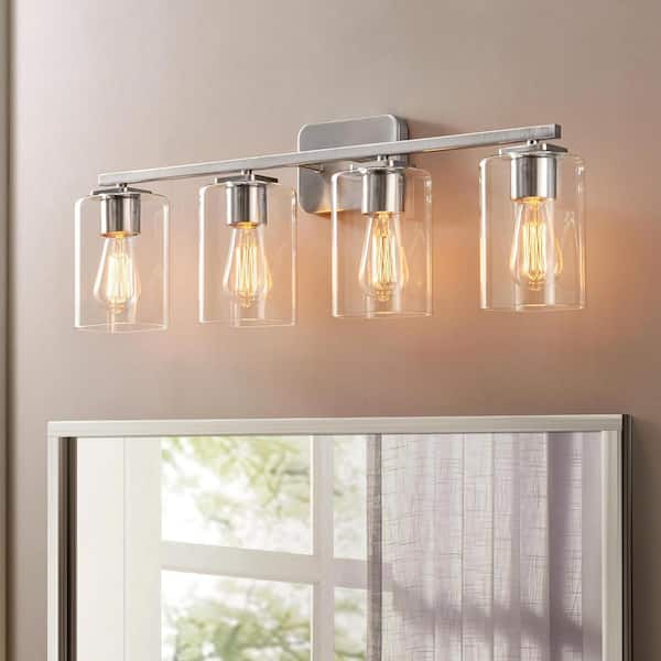 KAWOTI 29 in. 4-Light Brushed Nickel Dimmable Vanity Light with Square Glass Shade