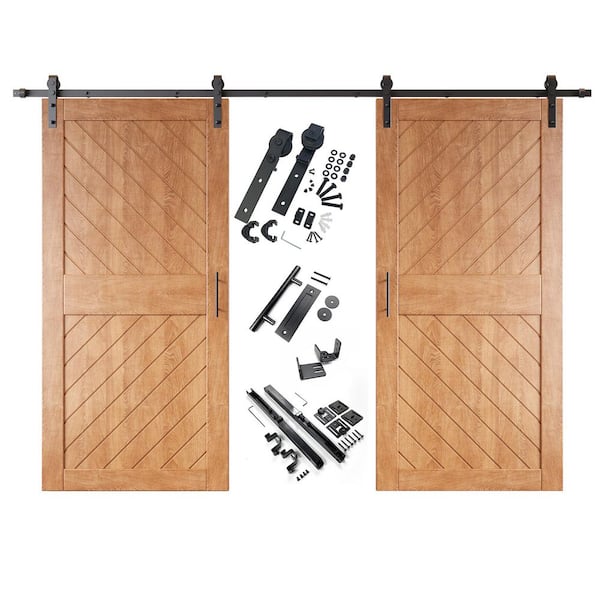 HOMACER XT4 32 in. x 84 in. C-Panel Early American Slanted Stripe Design Double Pine Wood Sliding Barn Door with Hardware Kit