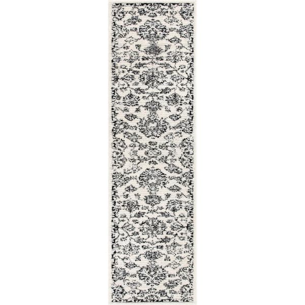 Ivory Grey 2 ft. x 7 ft. 3 in. Runner Mystic Palace Vintage Oriental Botanical Border Area Rug