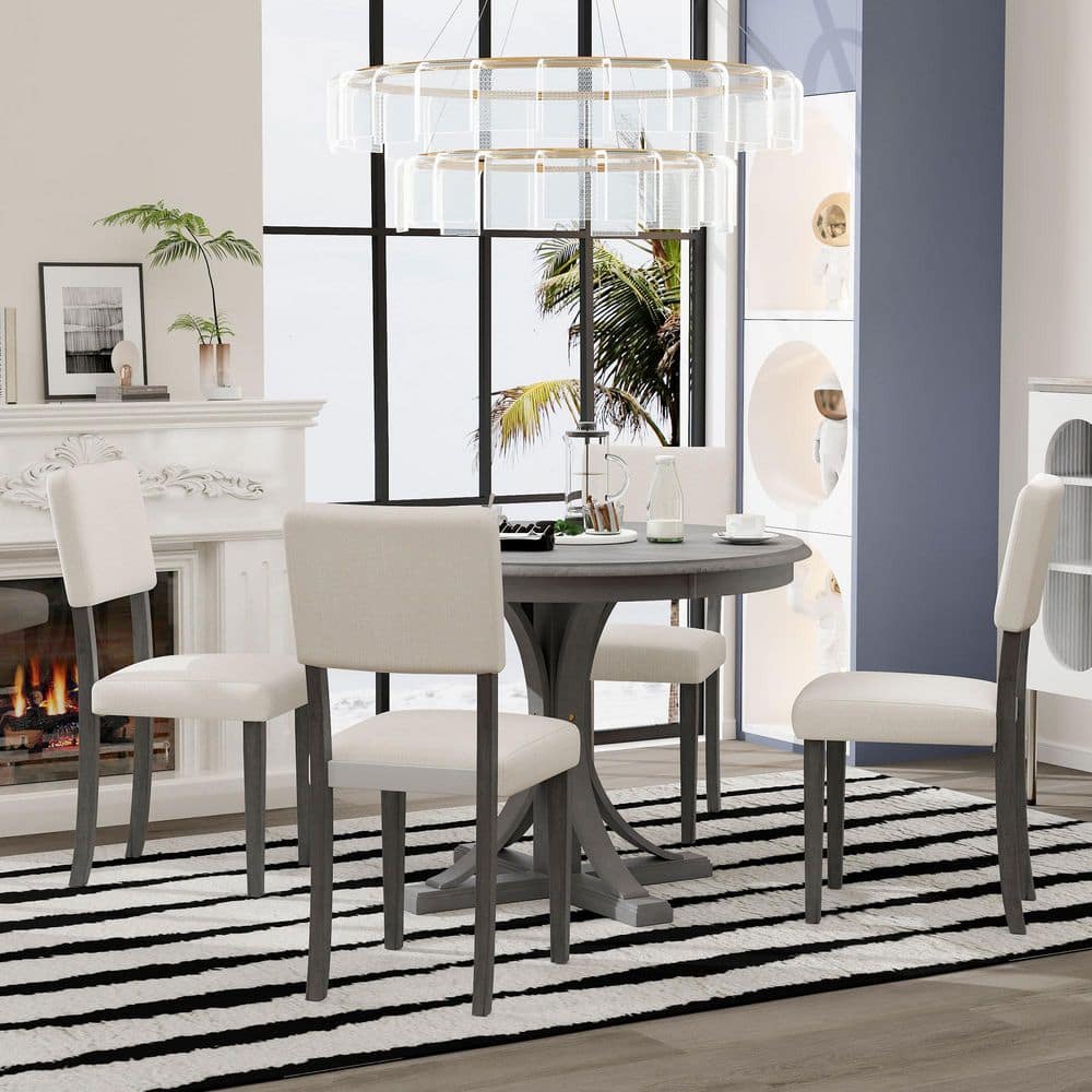 JEAREY 5 Piece Round Dark Gray Wood Dining Set Seat 4 JN85-DG - The ...