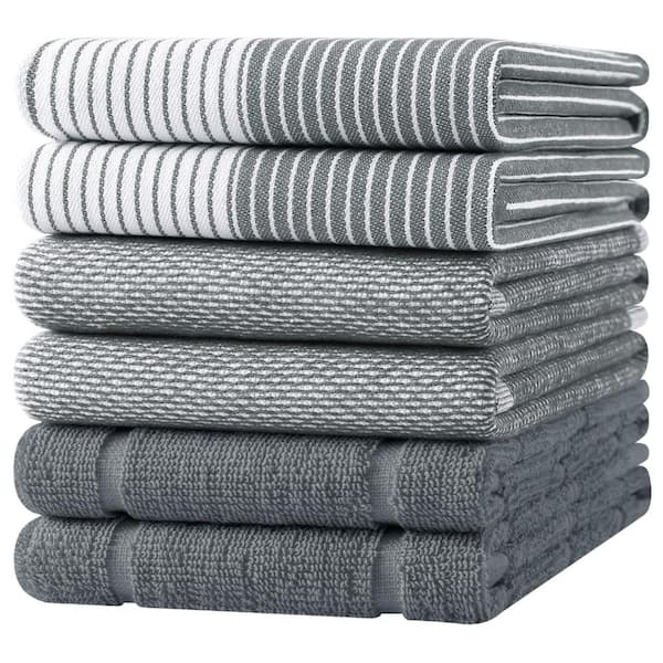 Grey Cotton Kitchen Towels, Set of 6, 18 in. x 28 in. Large Terry and Flat Weave Towels with Hanging Loops