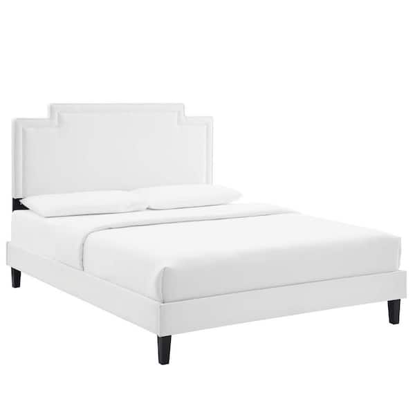 MODWAY Liva White Performance Velvet Frame Twin Platform Bed with Well-Crafted MDF Bed Frame