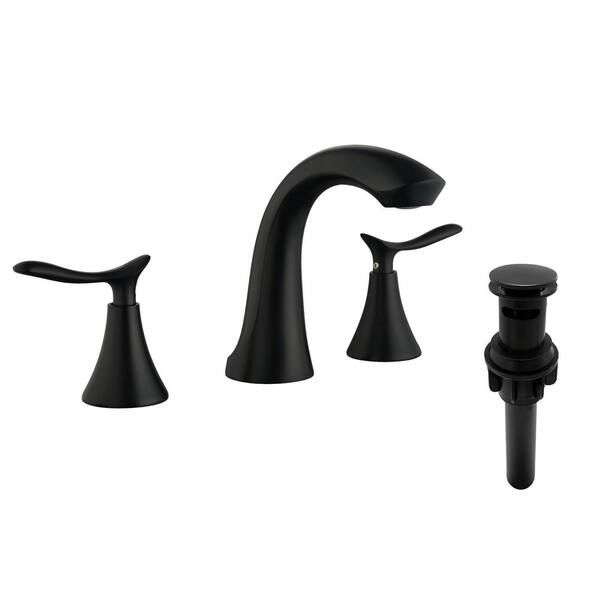 AIMADI 8 in. Widespread Double Handle Bathroom Faucet with Pop-Up Drain Modern 3-Hole Brass Bathroom Sink Taps in Matte Black