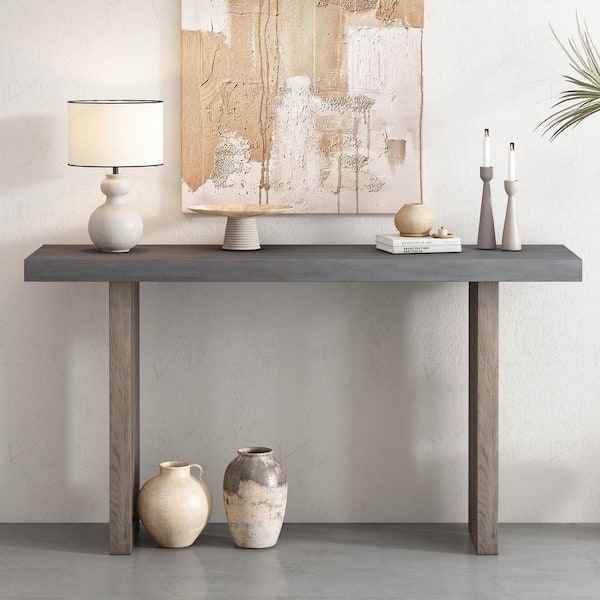 59 in. Gray Rectangle Oak Veneer MDF Console Table with Distinctive Side Shapes